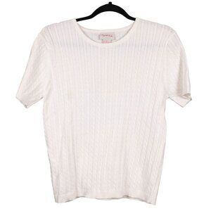 Crystal Kobe Cable Knit Sweater S VTG Womens White Short Sleeve Cotton Stretch